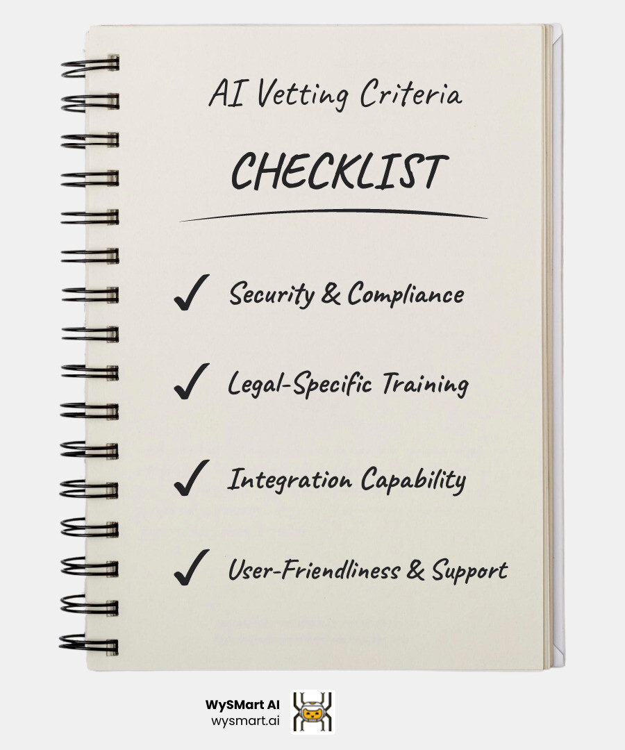 table comparing key vetting criteria for AI tools - AI for legal practice infographic checklist-notebook table comparing key vetting criteria for AI tools - AI for legal practice infographic checklist-notebook