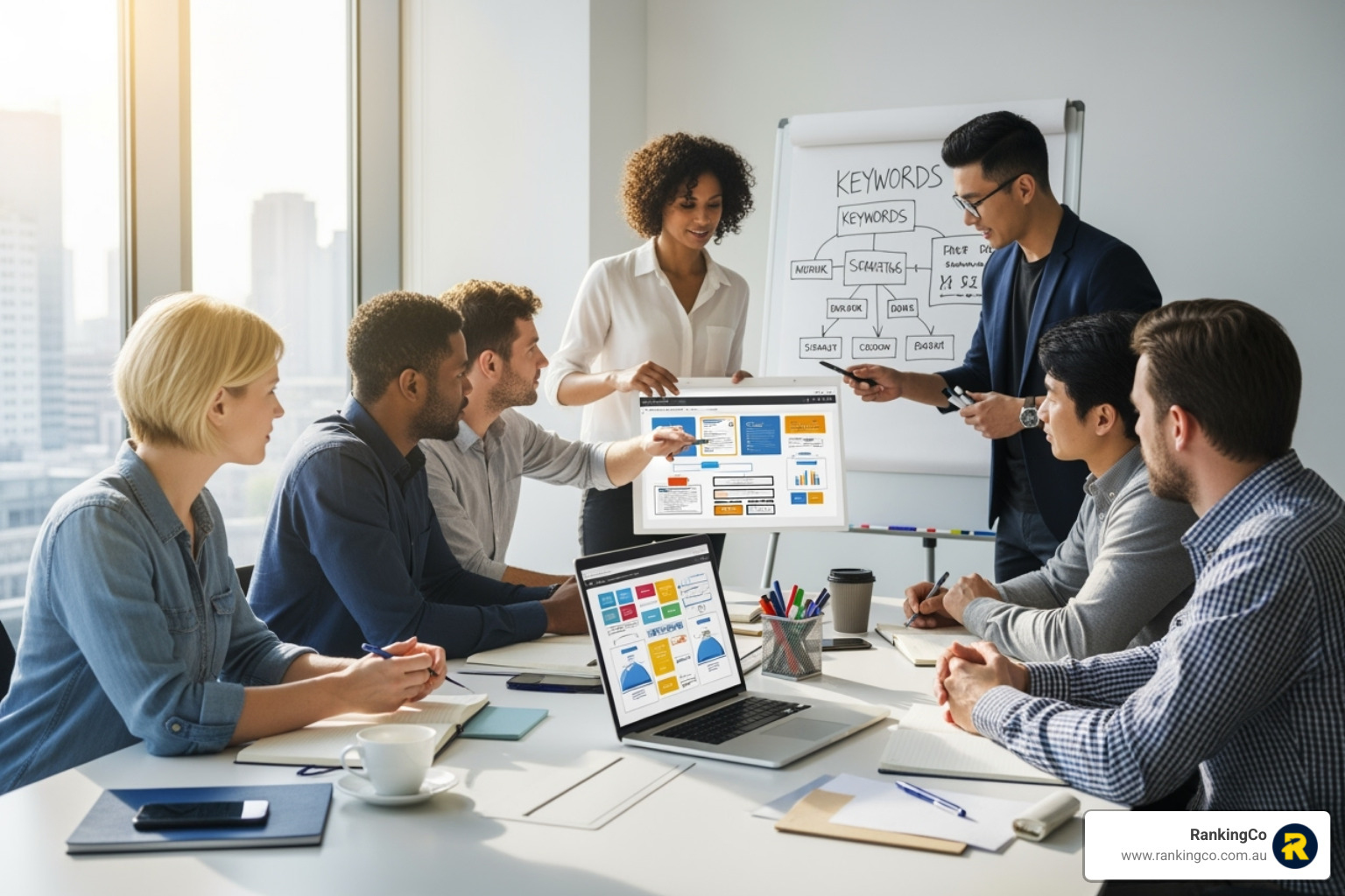 A diverse team of marketing professionals collaborating around a table, discussing digital strategy on a laptop and whiteboard - facebook marketing gold coast