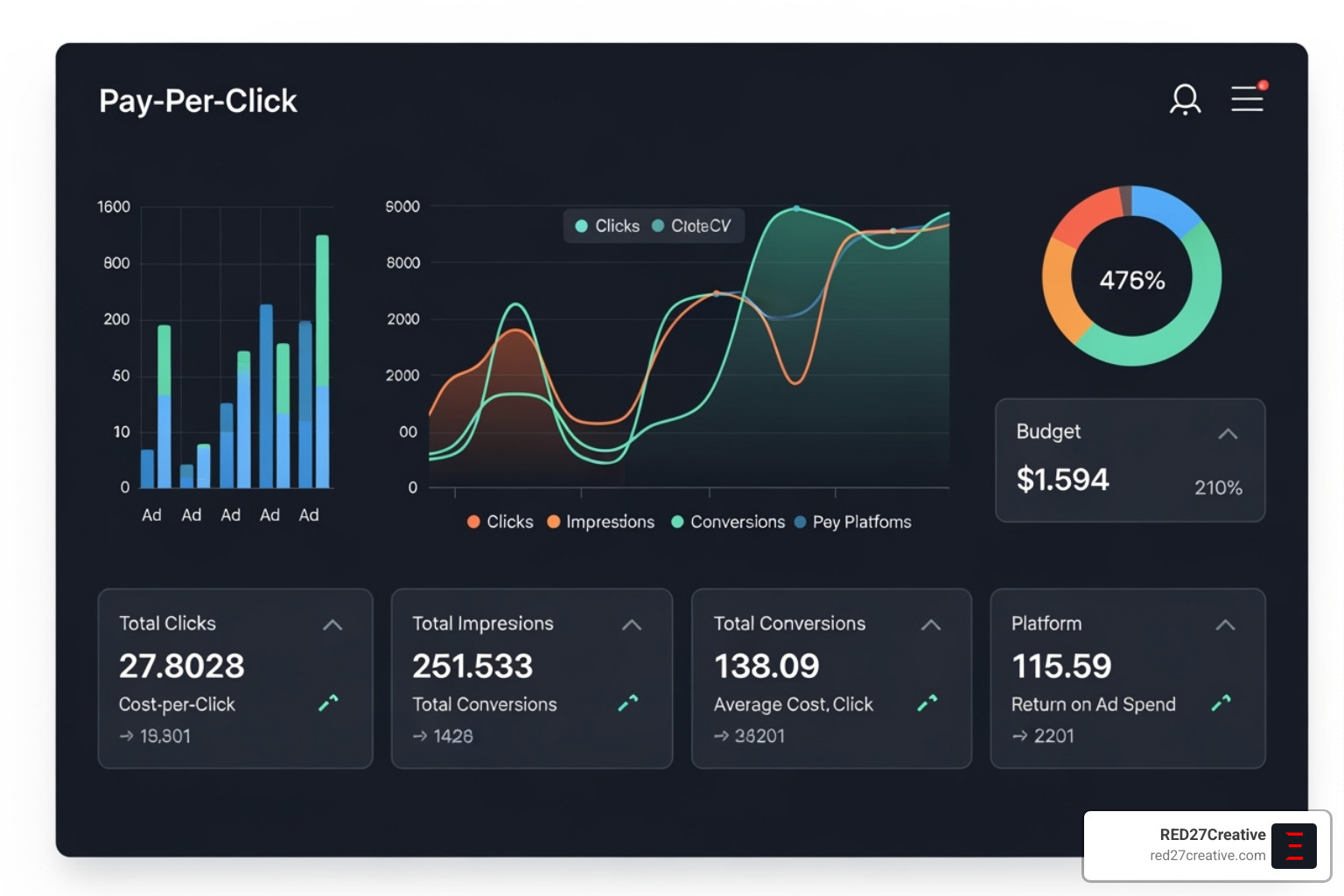 Dashboard showing key PPC metrics - PPC management Chicago Dashboard showing key PPC metrics - PPC management Chicago