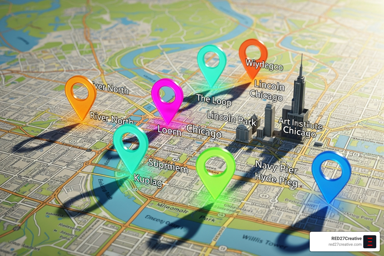 Map of Chicago with geo-targeting pins - PPC management Chicago Map of Chicago with geo-targeting pins - PPC management Chicago