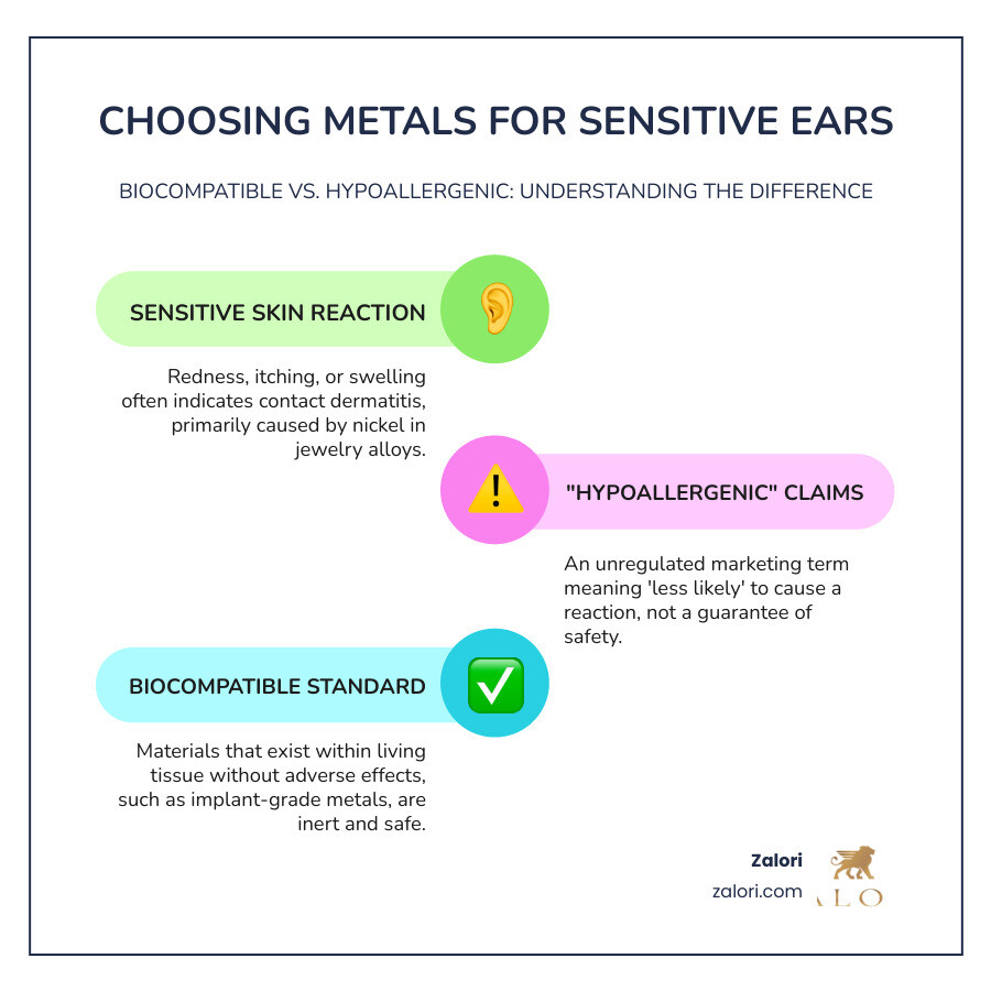 Infographic showing the difference between hypoallergenic metals (titanium, platinum, high-karat gold) versus common allergens (nickel, brass, low-quality alloys), with reaction symptoms and biocompatibility ratings for each metal type - metals for sensitive ears infographic infographic-line-3-steps-colors Infographic showing the difference between hypoallergenic metals (titanium, platinum, high-karat gold) versus common allergens (nickel, brass, low-quality alloys), with reaction symptoms and biocompatibility ratings for each metal type - metals for sensitive ears infographic infographic-line-3-steps-colors