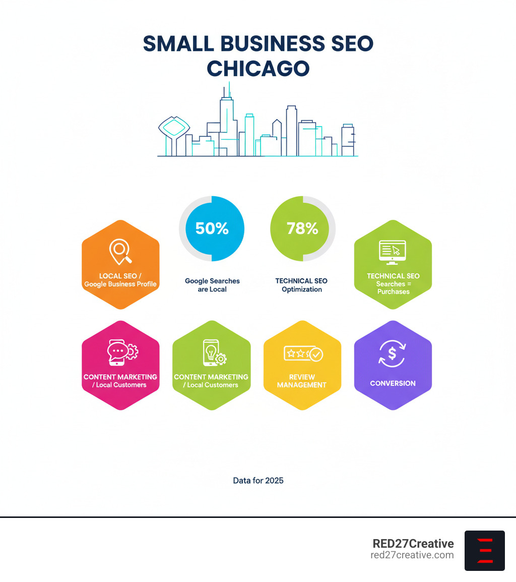 Comprehensive infographic showing the key components of small business SEO in Chicago including local SEO optimization with Google Business Profile setup, on-page SEO with Chicago-specific keywords, technical SEO for mobile optimization, content marketing for local customers, and review management, with statistics showing 50% of Google searches are local and 78% of local mobile searches result in purchases - Small business SEO Chicago infographic Comprehensive infographic showing the key components of small business SEO in Chicago including local SEO optimization with Google Business Profile setup, on-page SEO with Chicago-specific keywords, technical SEO for mobile optimization, content marketing for local customers, and review management, with statistics showing 50% of Google searches are local and 78% of local mobile searches result in purchases - Small business SEO Chicago infographic
