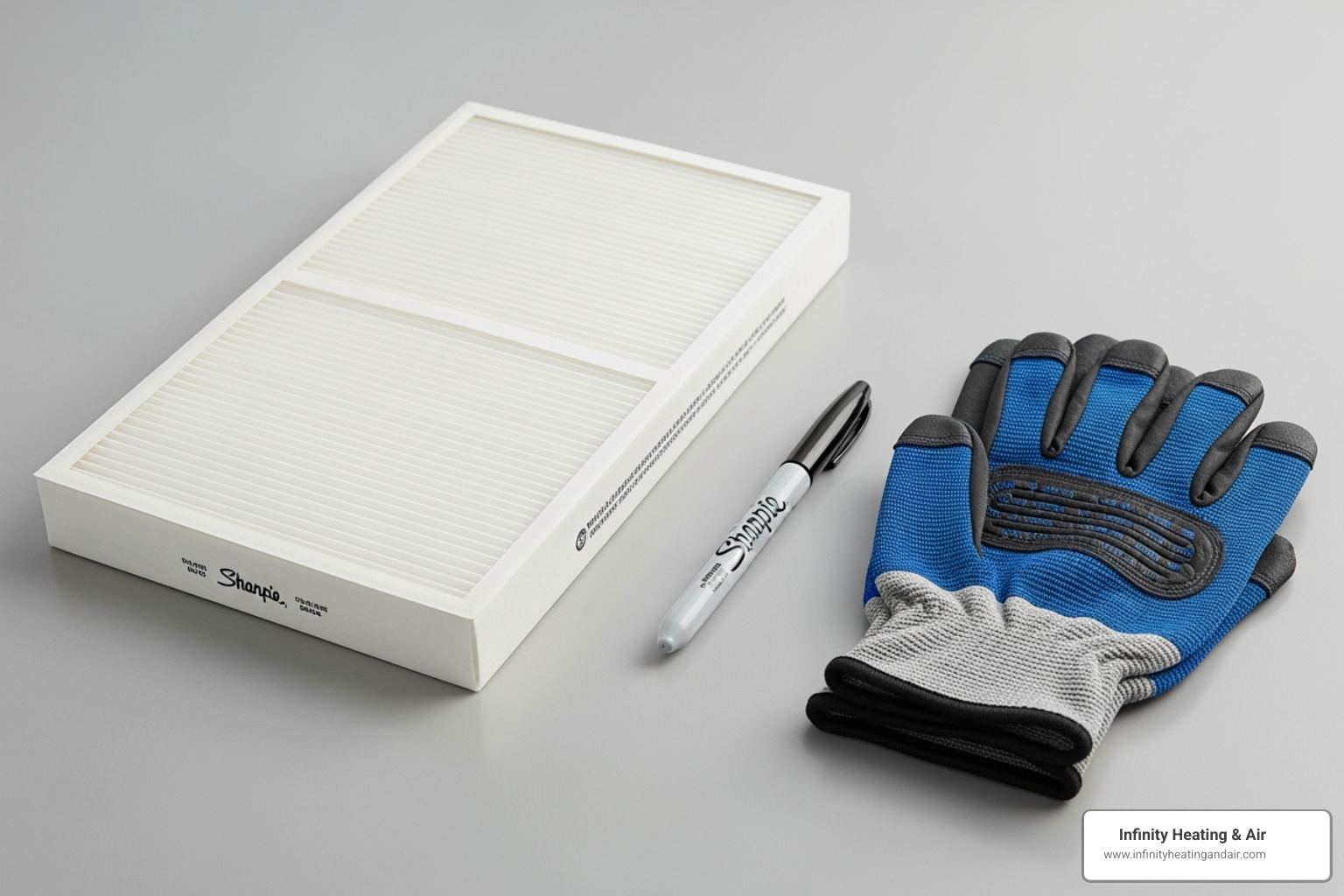 Image of a new furnace filter, a marker, and a pair of gloves, ready for installation - Furnace filter replacement