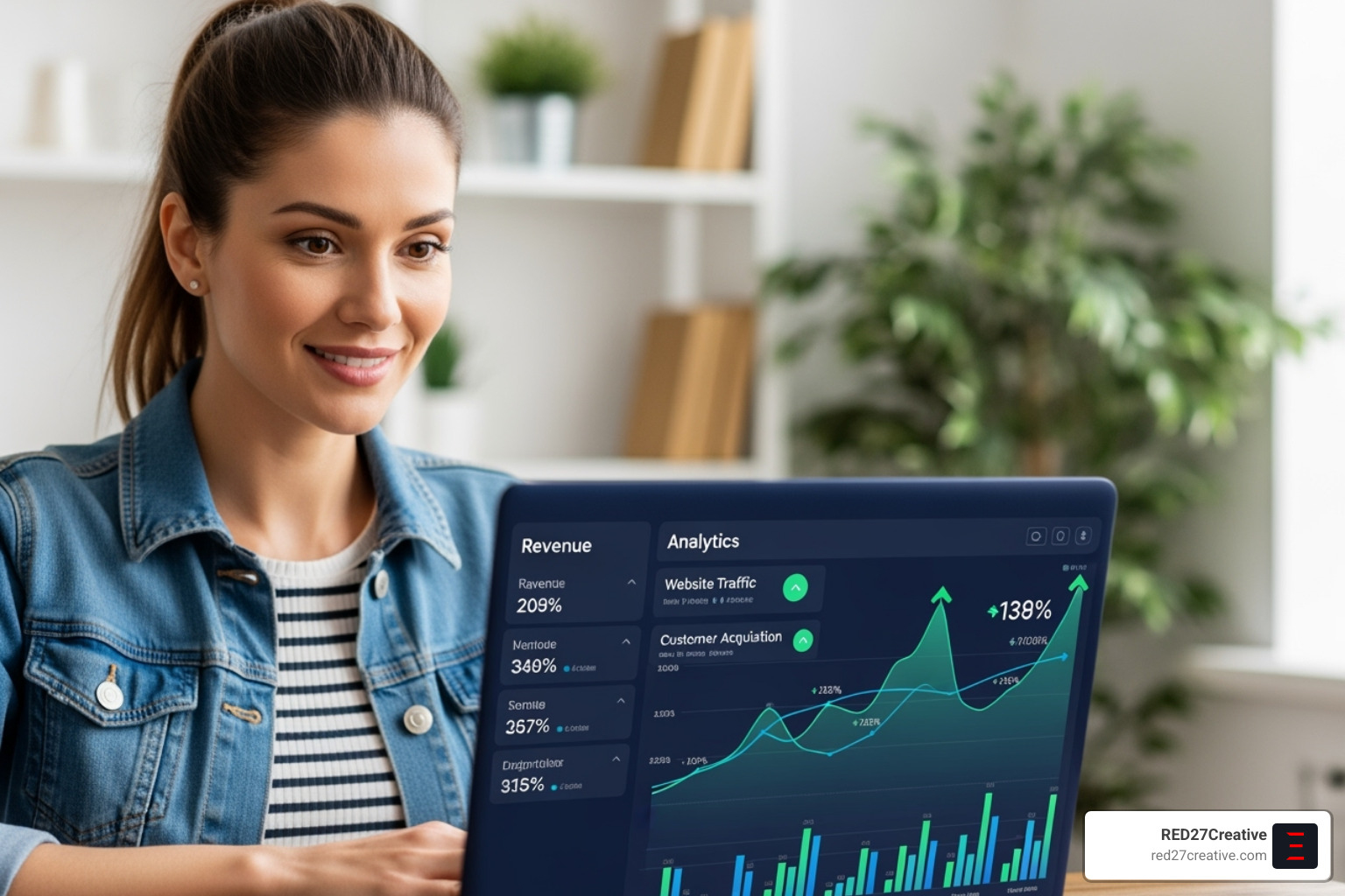 A small business owner smiling confidently while looking at a laptop screen displaying a successful analytics dashboard with upward trending graphs and positive metrics, illustrating business growth. - Small business SEO Chicago A small business owner smiling confidently while looking at a laptop screen displaying a successful analytics dashboard with upward trending graphs and positive metrics, illustrating business growth. - Small business SEO Chicago