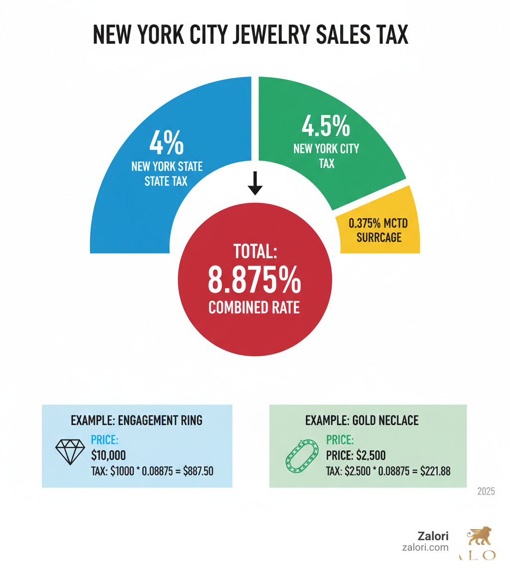 Infographic showing New York City jewelry sales tax breakdown: 4% New York State sales tax, 4.5% New York City local tax, 0.375% MCTD surcharge, totaling 8.875% combined rate, with examples of tax calculations for different jewelry price points - new york sales tax jewelry infographic 