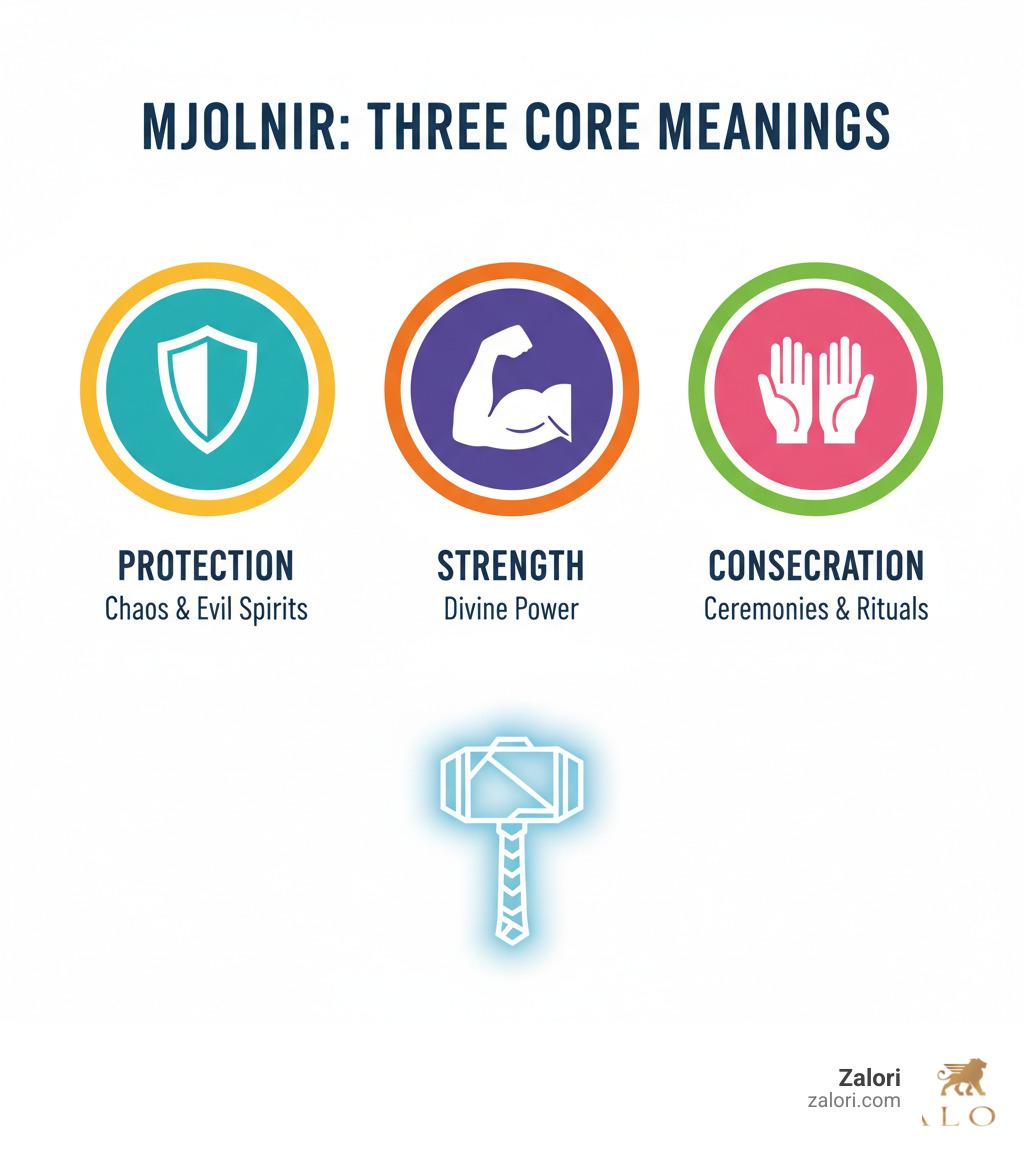 Infographic showing Mjolnir's three core meanings: a shield representing Protection from chaos and evil spirits, a flexing arm representing Strength and divine power, and hands in blessing gesture representing Consecration for ceremonies and rituals - mjolnir pendant infographic Infographic showing Mjolnir's three core meanings: a shield representing Protection from chaos and evil spirits, a flexing arm representing Strength and divine power, and hands in blessing gesture representing Consecration for ceremonies and rituals - mjolnir pendant infographic