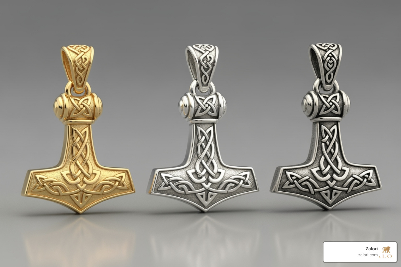 three Mjolnir pendants side-by-side in yellow gold, white gold, and sterling silver - mjolnir pendant three Mjolnir pendants side-by-side in yellow gold, white gold, and sterling silver - mjolnir pendant