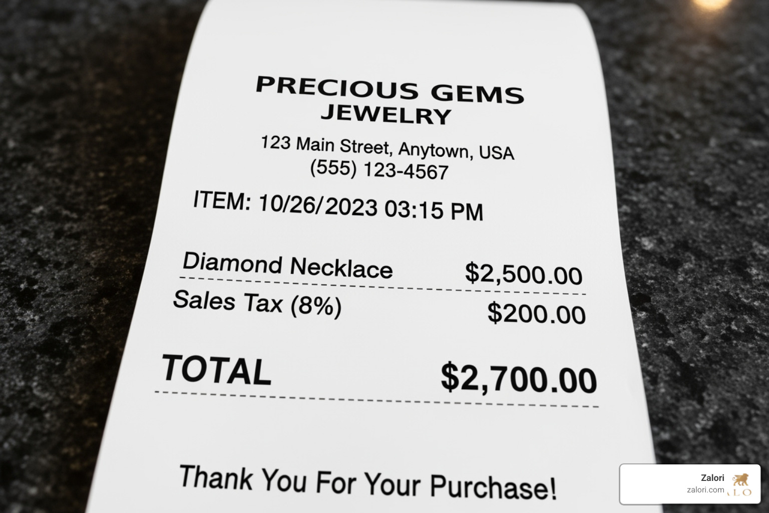 A sales receipt showing a jewelry purchase with an itemized breakdown of the jewelry price, the calculated New York sales tax at 8.875%, and the total amount due - new york sales tax jewelry