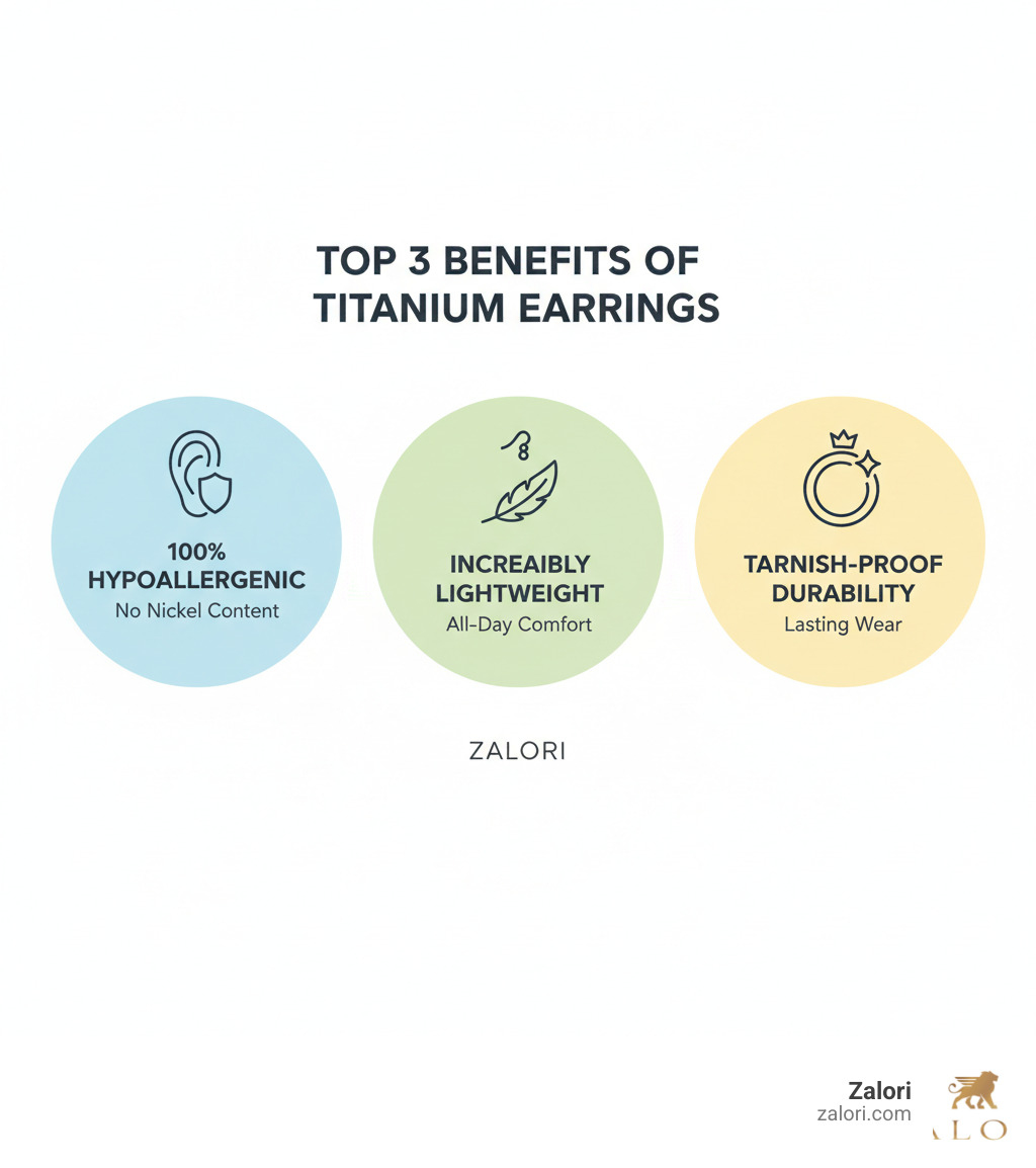 Infographic showing top 3 benefits of titanium earrings: 100% Hypoallergenic properties with no nickel content, Incredibly Lightweight for all-day comfort, and Tarnish-Proof Durability for lasting wear - titanium earrings infographic Infographic showing top 3 benefits of titanium earrings: 100% Hypoallergenic properties with no nickel content, Incredibly Lightweight for all-day comfort, and Tarnish-Proof Durability for lasting wear - titanium earrings infographic