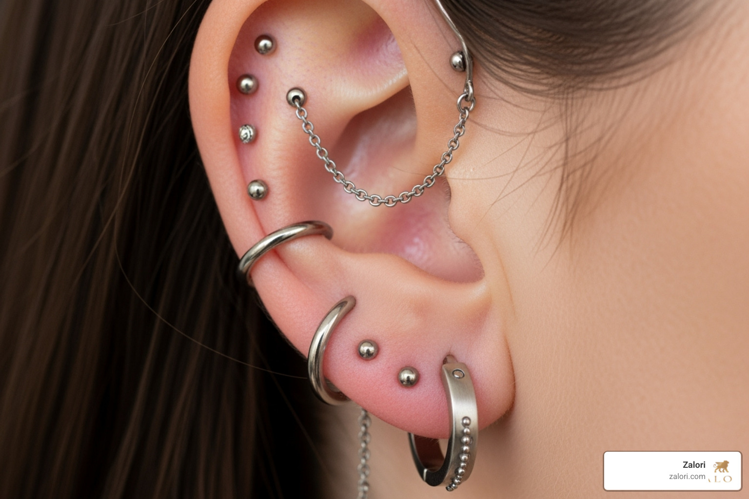 Stylishly adorned ear with various titanium earrings - titanium earrings Stylishly adorned ear with various titanium earrings - titanium earrings