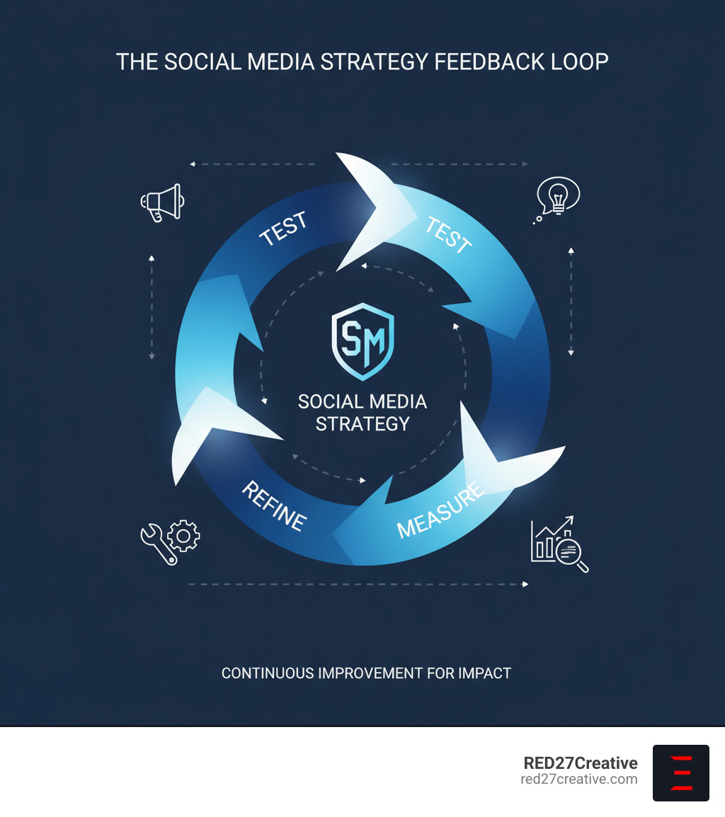 Infographic showing a feedback loop of testing, measuring, and refining social media strategy elements - Social media strategy infographic Infographic showing a feedback loop of testing, measuring, and refining social media strategy elements - Social media strategy infographic