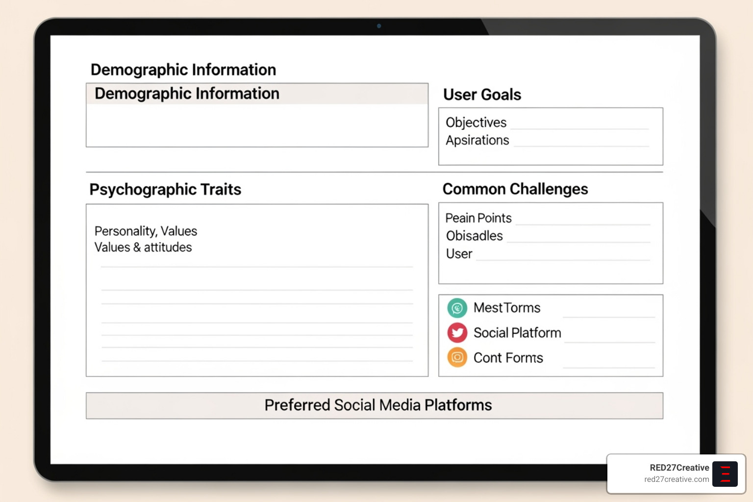 A detailed buyer persona template showing sections for demographics, psychographics, goals, challenges, and preferred social media channels - Social media strategy A detailed buyer persona template showing sections for demographics, psychographics, goals, challenges, and preferred social media channels - Social media strategy