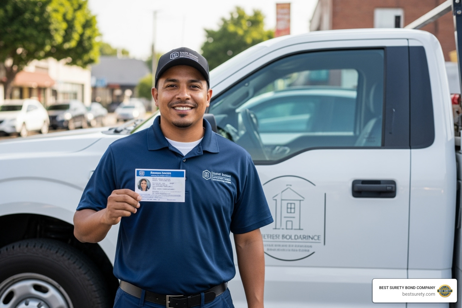 Confident small business owner holding a license, with their bonded work truck in the background - Surety bond specialists