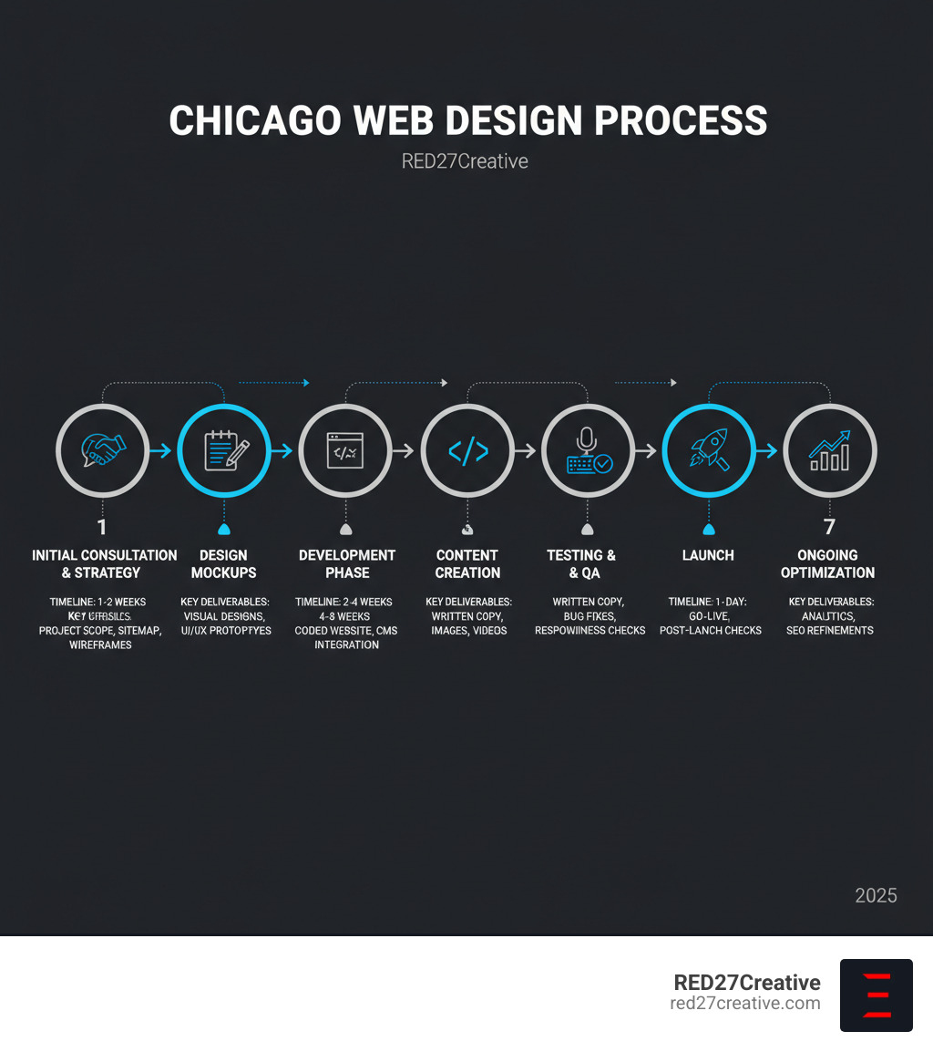 Infographic showing the complete Chicago web design process from initial consultation and strategy development through design mockups, development phases, content creation, testing, launch, and ongoing optimization with timeline indicators and key deliverables at each stage - website design chicago infographic Infographic showing the complete Chicago web design process from initial consultation and strategy development through design mockups, development phases, content creation, testing, launch, and ongoing optimization with timeline indicators and key deliverables at each stage - website design chicago infographic