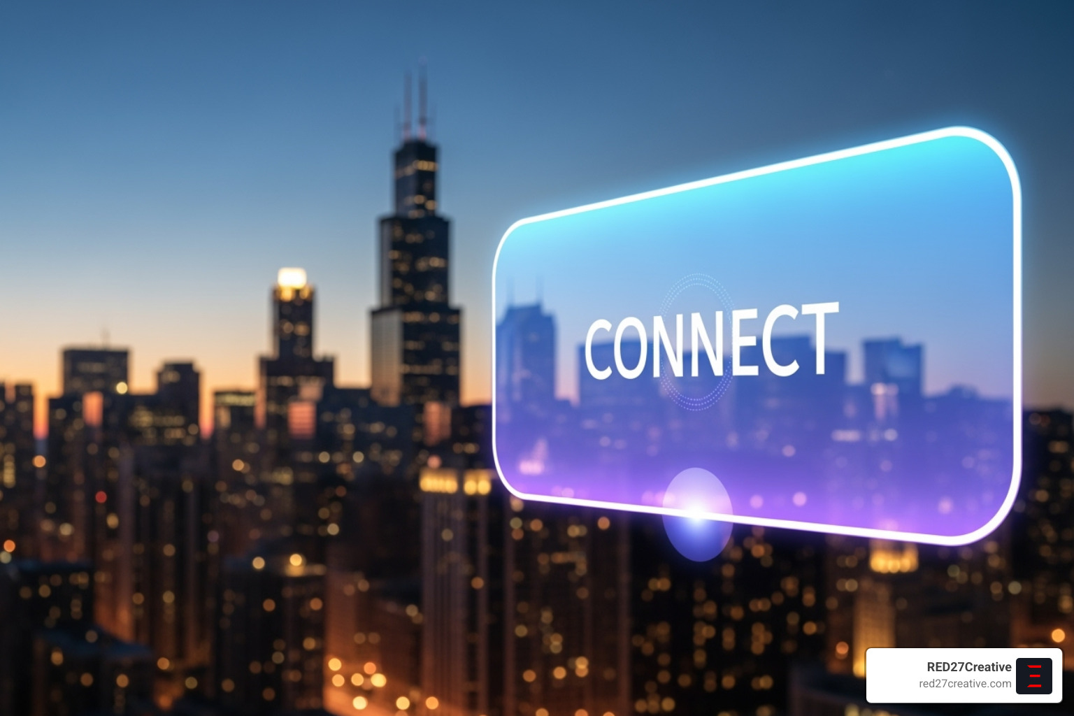 A sleek and modern "Contact Us" button on a digital interface, with a subtle background of the Chicago skyline at dusk - website design chicago A sleek and modern "Contact Us" button on a digital interface, with a subtle background of the Chicago skyline at dusk - website design chicago