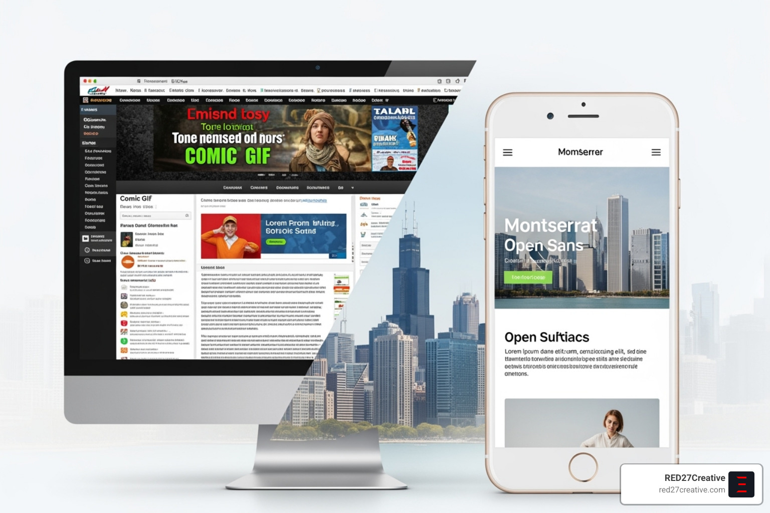 A split-screen showing a dated, cluttered website next to a modern, sleek, and mobile-responsive website, with the Chicago skyline in the background - website design chicago A split-screen showing a dated, cluttered website next to a modern, sleek, and mobile-responsive website, with the Chicago skyline in the background - website design chicago