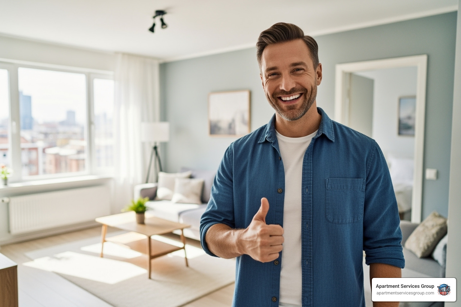 A happy resident giving a thumbs-up in their clean, modern apartment, signifying satisfaction with the property's maintenance and living conditions. - apartment maintenance Houston