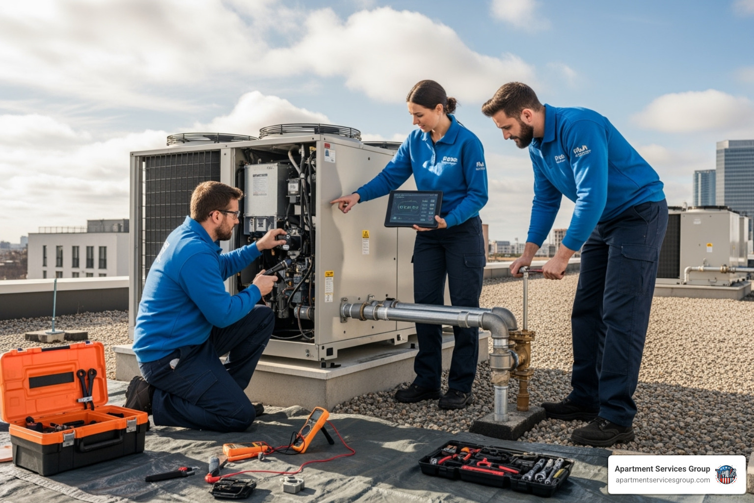 A professional maintenance team in uniform working diligently on an HVAC unit on the roof of an apartment building, showcasing expertise and teamwork. - apartment maintenance Houston