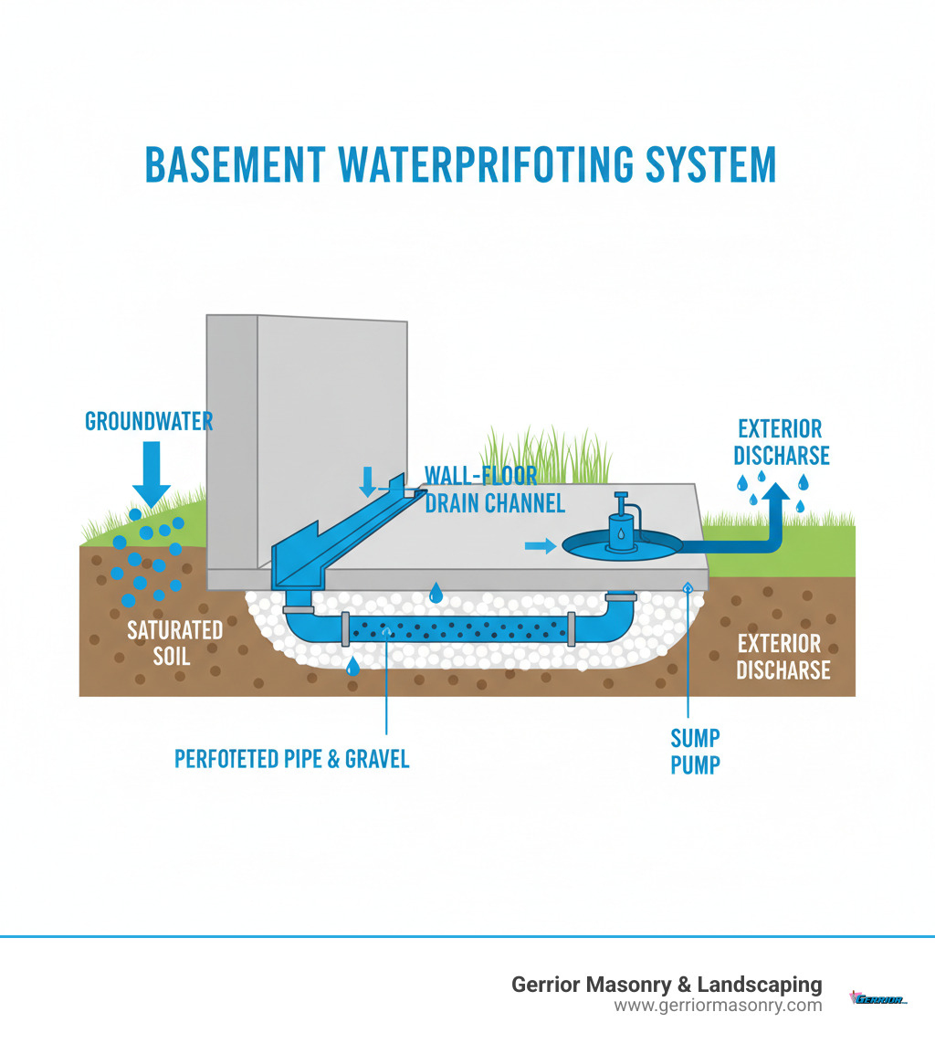 Detailed infographic showing water flow from outside foundation through soil, into basement wall drain channel system at wall-floor joint, then through perforated pipe surrounded by gravel, connecting to sump pit with pump, and finally discharged away from home through exterior discharge line - basement wall drain channel infographic 