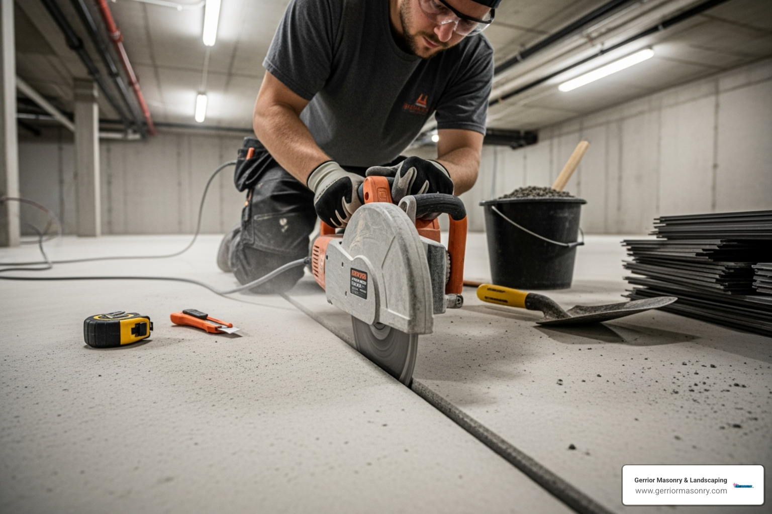 Professional installing a basement drain channel, showing a clean, precise cut in the concrete floor - basement wall drain channel