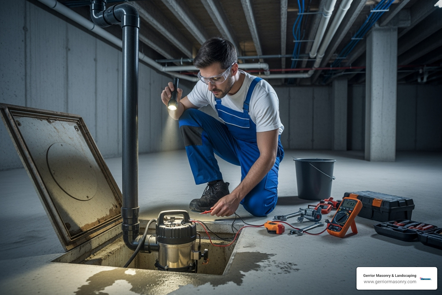 Sump pump being inspected by a technician for maintenance - basement wall drain channel