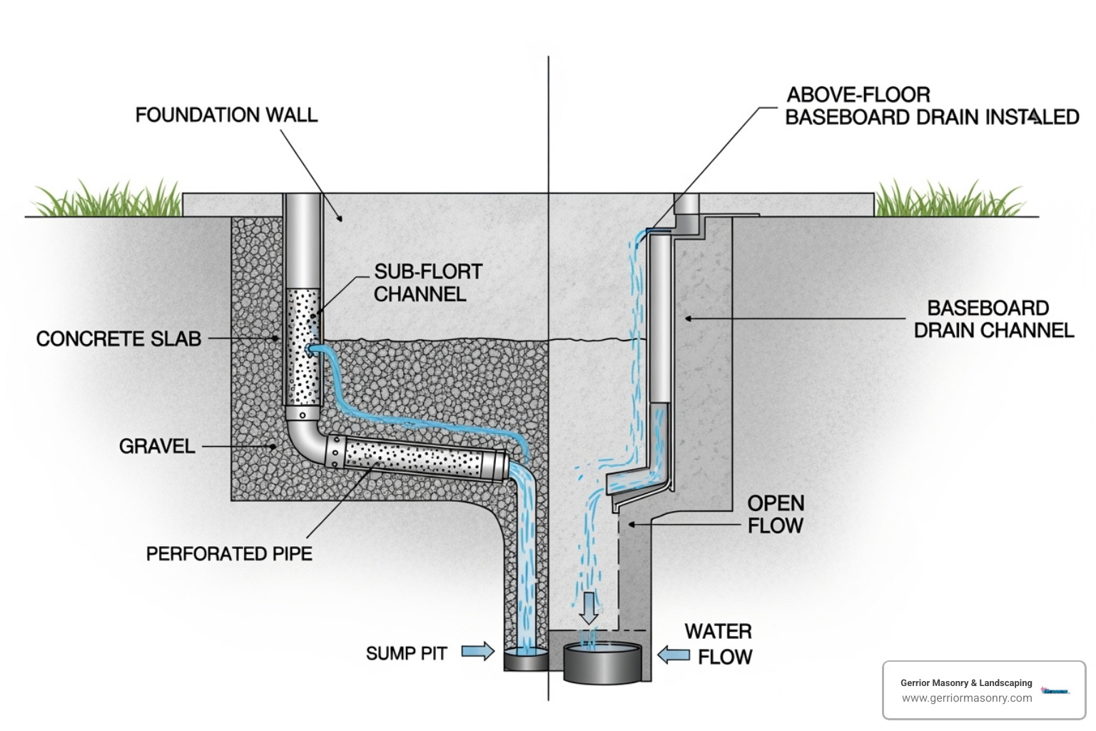 Illustration showing different basement drain channel types, sub-floor and above-floor - basement wall drain channel