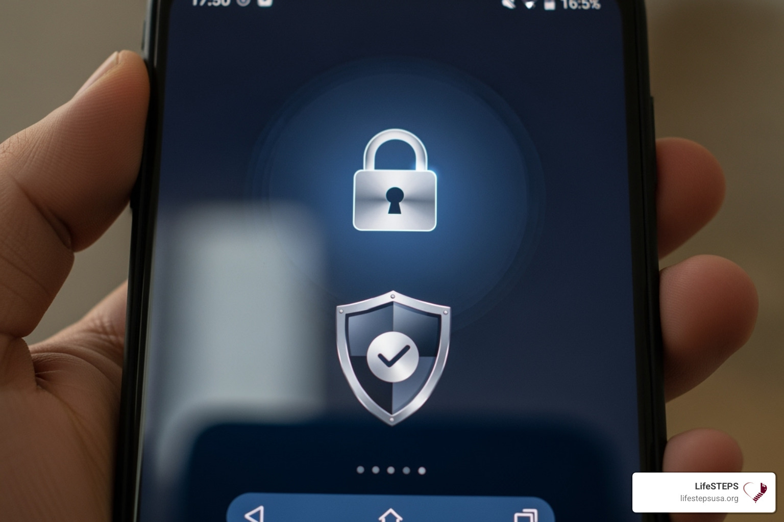 Lock and shield icon over a smartphone screen - digital literacy for youth