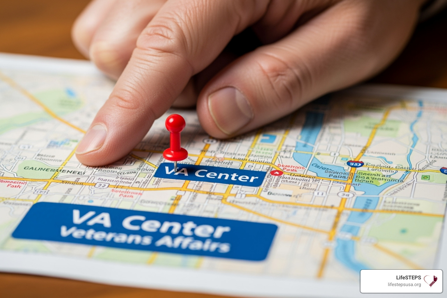 A map pointing to a local VA center, symbolizing accessible help - veteran emergency housing