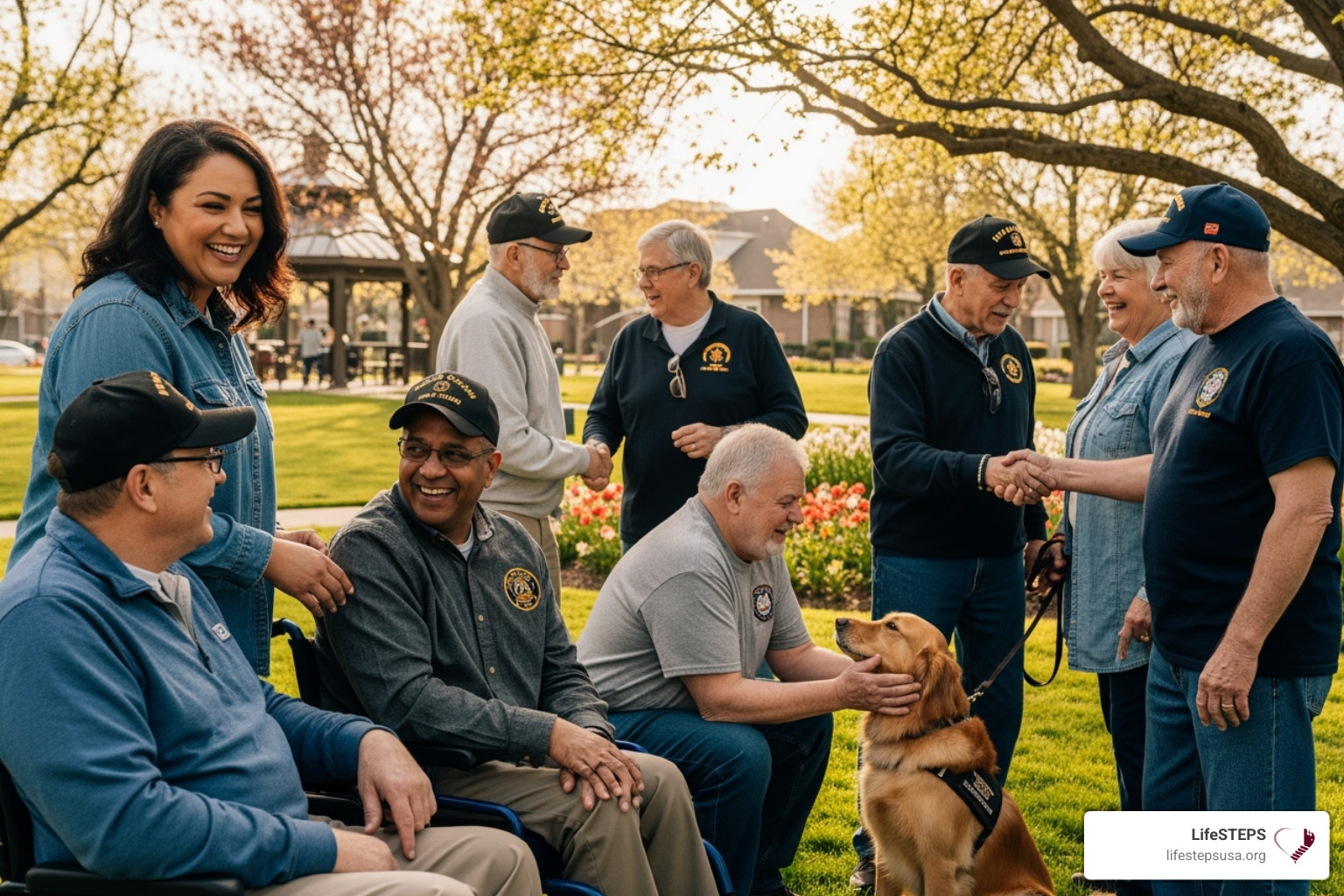 A diverse group of veterans in a community setting, smiling and interacting - veteran emergency housing