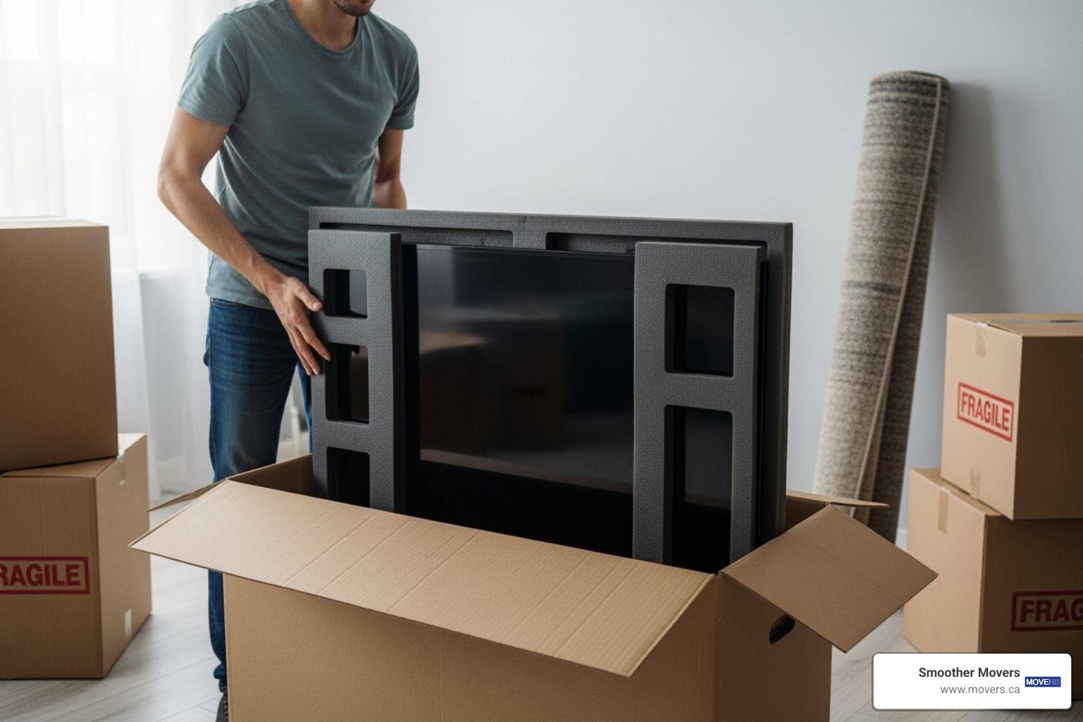 TV being placed into a specialized TV moving box - moving and packing supplies near me