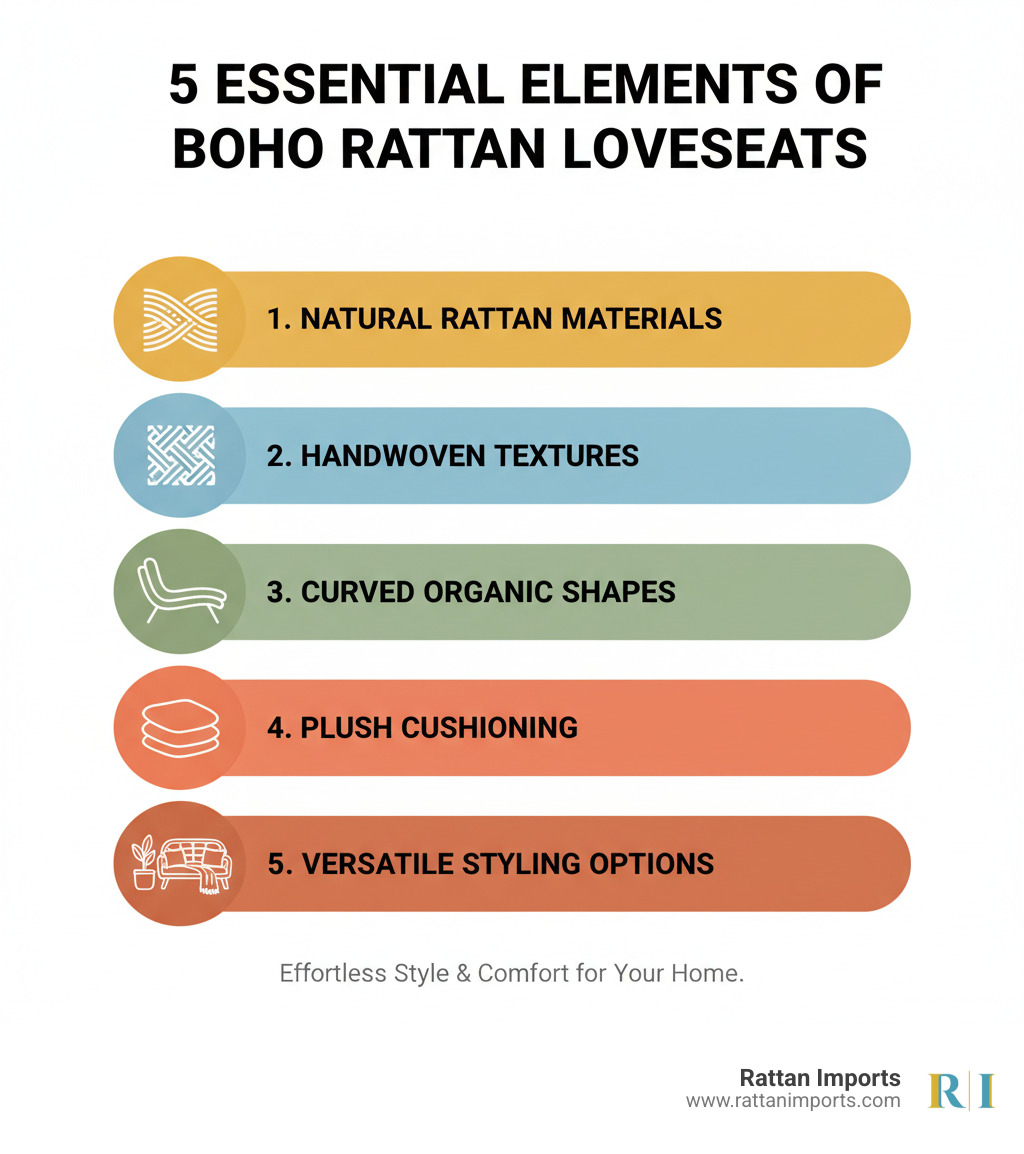 Infographic showing the 5 key elements of Boho rattan loveseats: natural rattan materials, handwoven textures, curved organic shapes, plush cushioning, and versatile styling options - Boho rattan loveseat infographic 