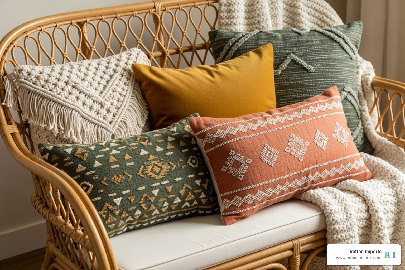 Close-up on a styled boho rattan loveseat with layered pillows and a throw blanket - Boho rattan loveseat