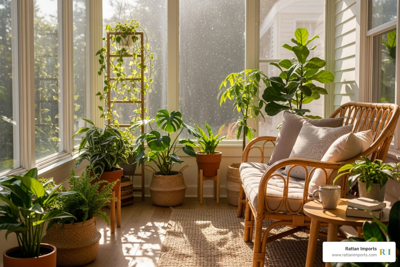 A rattan loveseat in a cozy sunroom filled with plants - Boho rattan loveseat