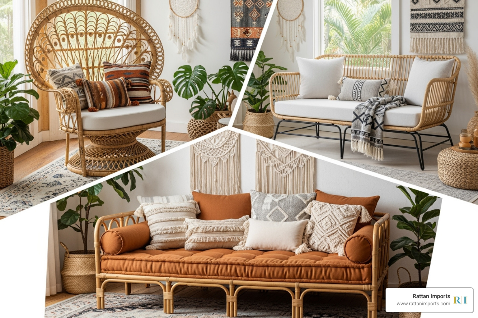 Collage of different boho rattan loveseat styles including a peacock loveseat, a pencil-reed loveseat, and a daybed-style loveseat - Boho rattan loveseat