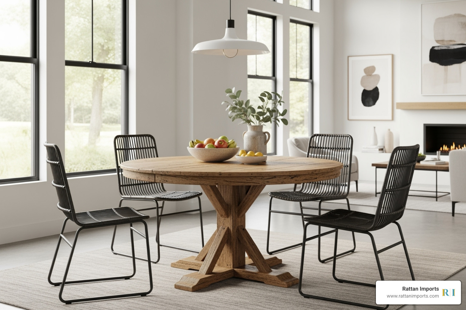 rustic antique pine table paired with contemporary rattan dining chairs - antique circular table