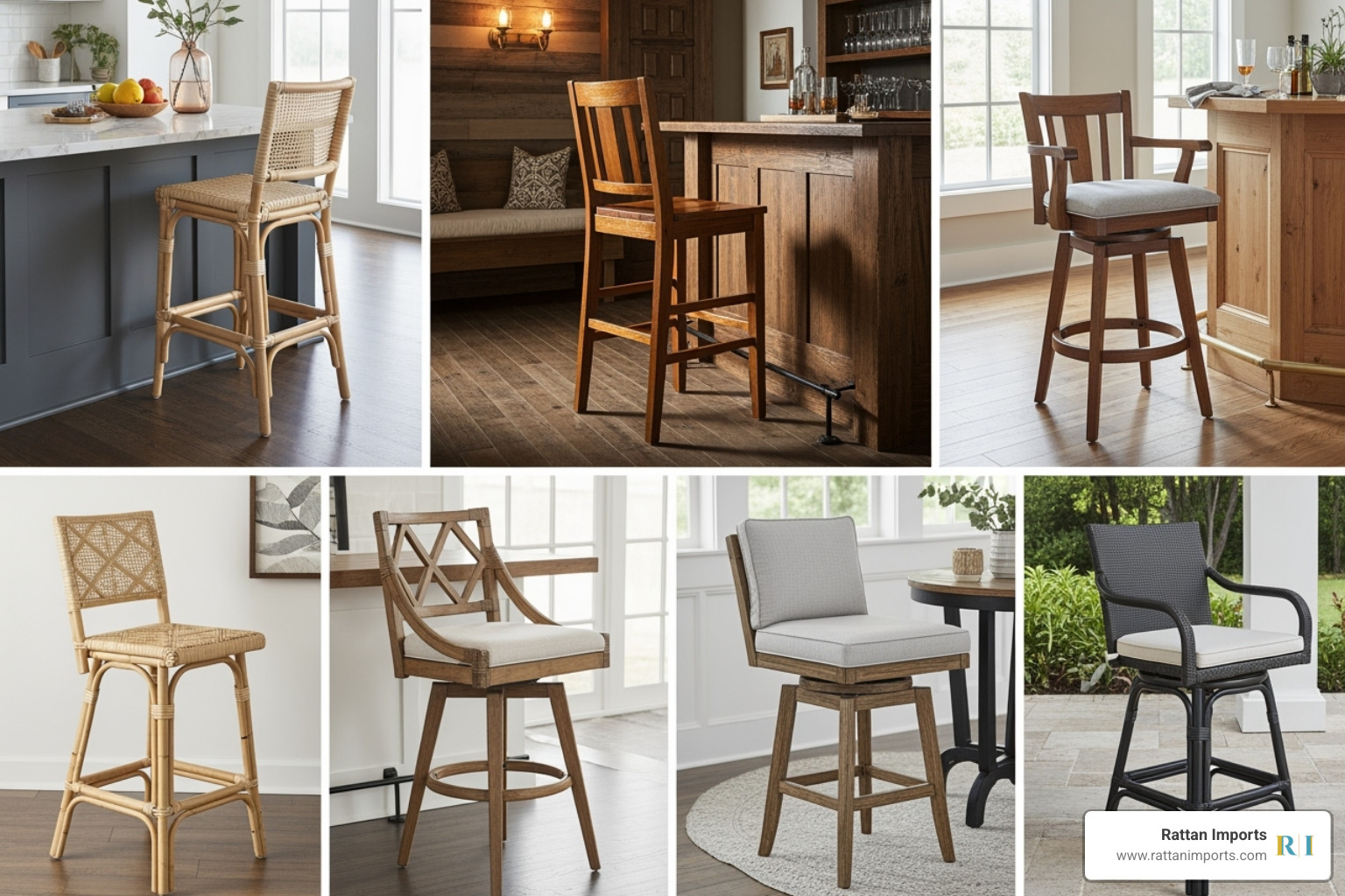 A collage image showcasing various rattan bar stool styles, including backless designs, stools with full backs, swivel options, and those with and without armrests, in different finishes and settings. - rattan bar stools