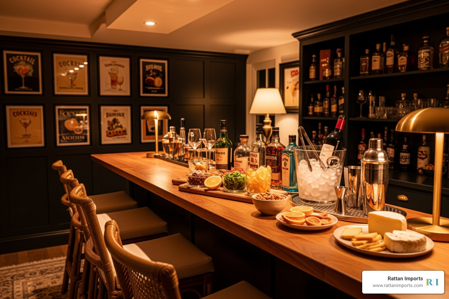 A cozy home bar area featuring neat rattan bar stools, glowing under soft lighting, with drinks and snacks arranged invitingly on the counter. - rattan bar stools