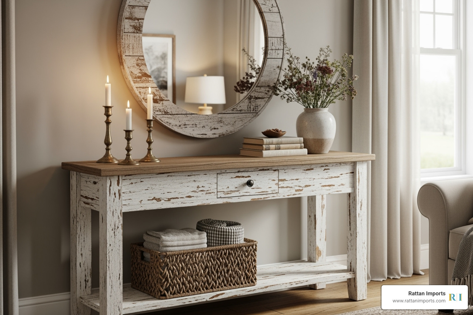 Distressed white wood console table - white couch table