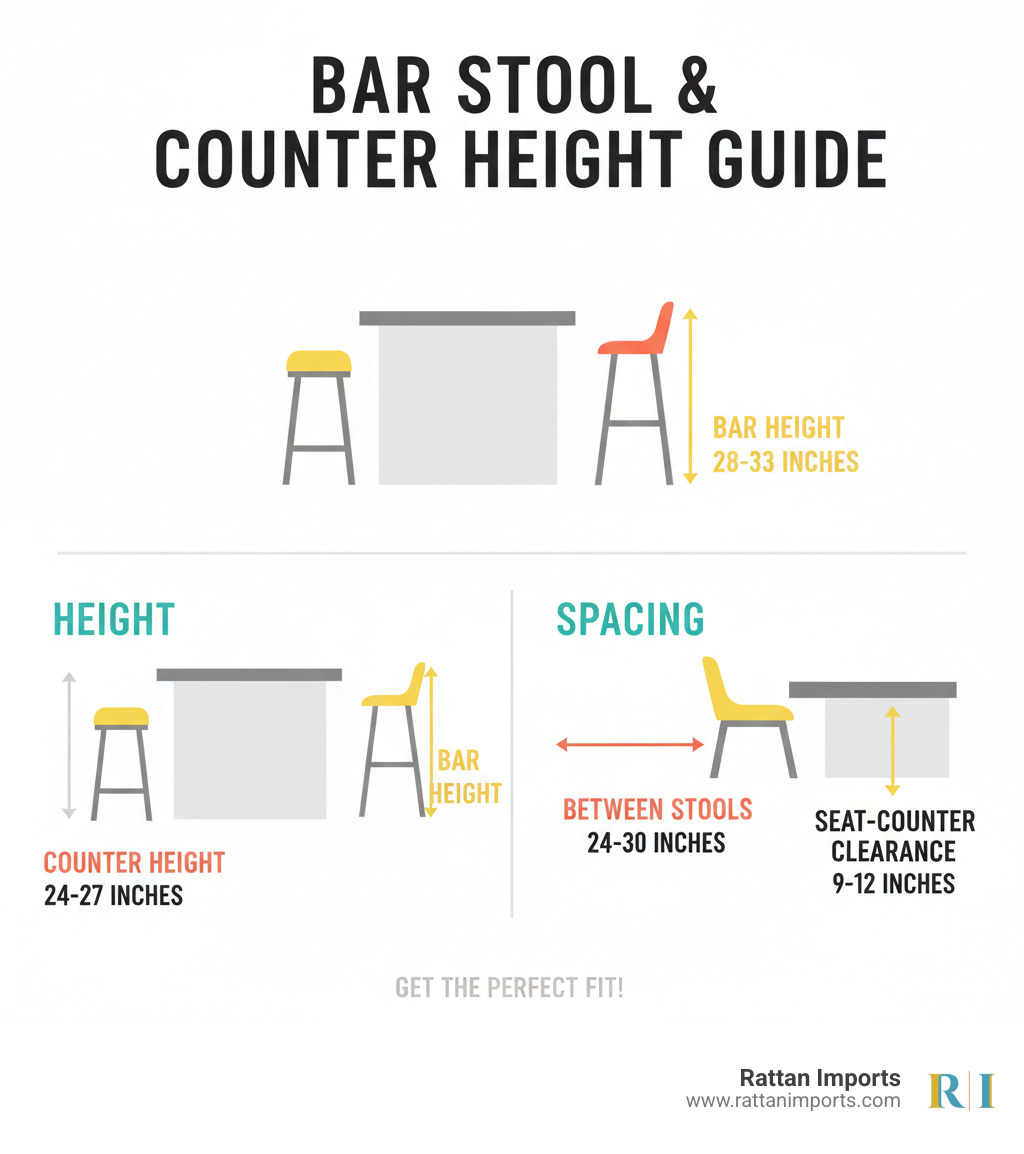 Infographic showing bar stool height measurements: counter height 24-27 inches, bar height 28-33 inches, with spacing requirements of 24-30 inches between stools and 9-12 inches clearance from counter - indoor bar stools infographic 
