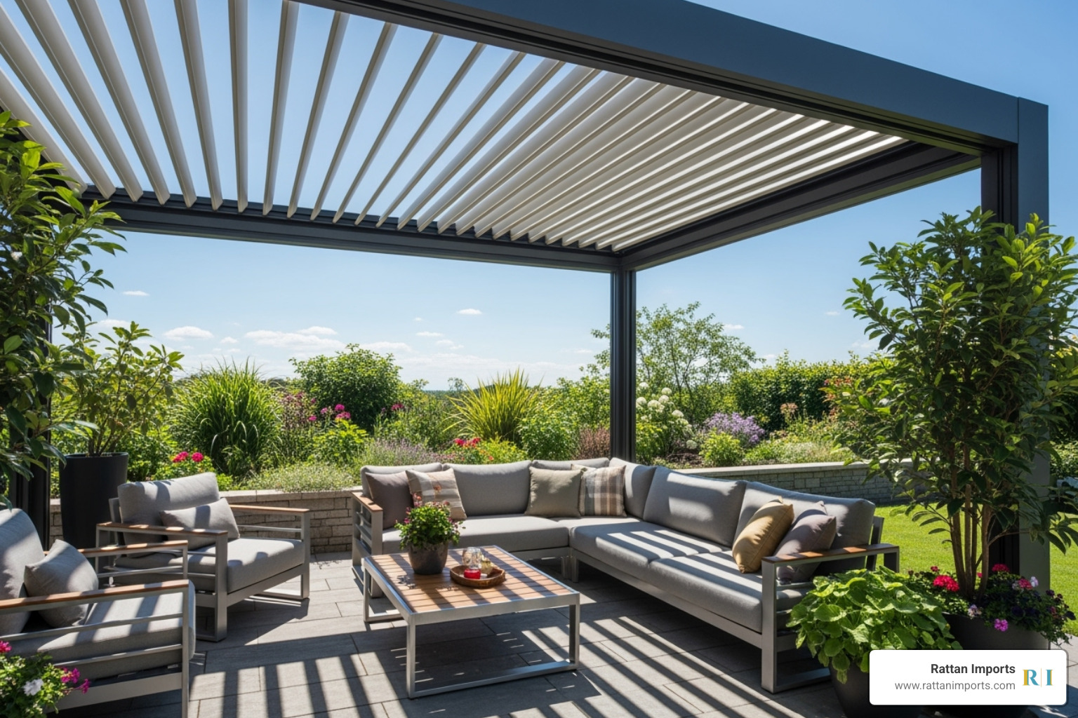 patio with a retractable louvered pergola roof - covered outdoor seating