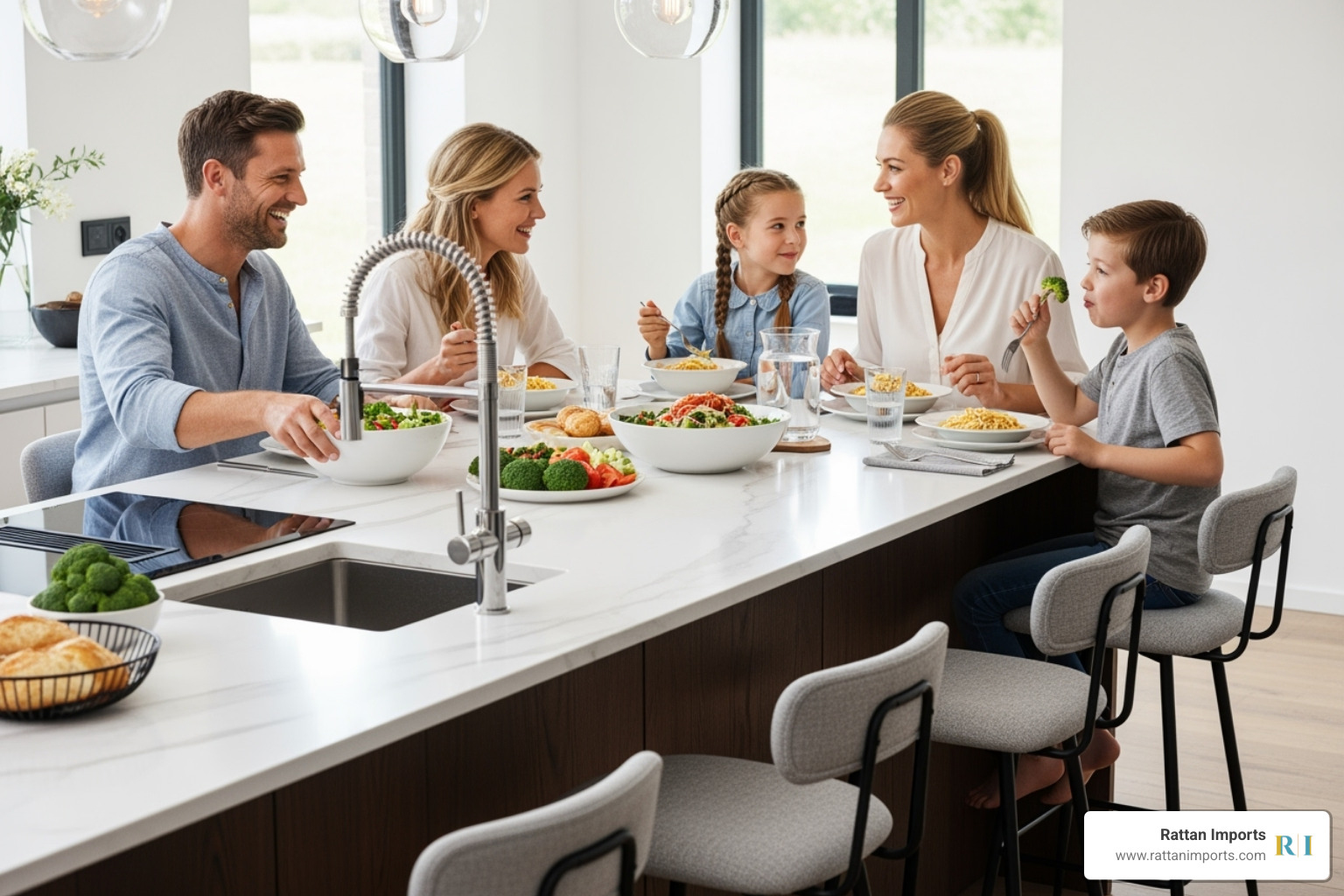 happy family enjoying a meal at a kitchen island on beautiful bar stools - indoor bar stools