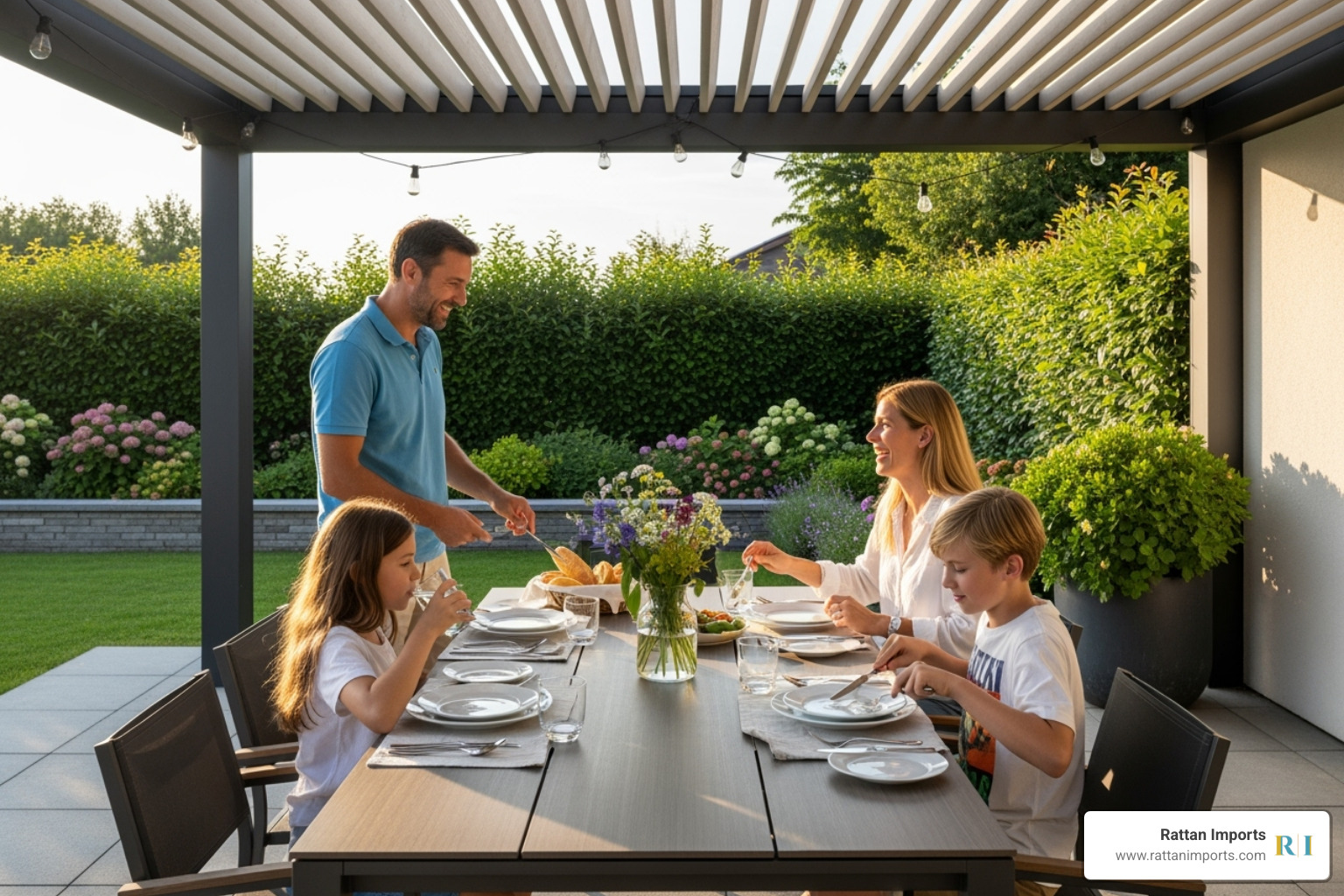 family enjoying a meal on a stylish covered home patio - covered outdoor seating