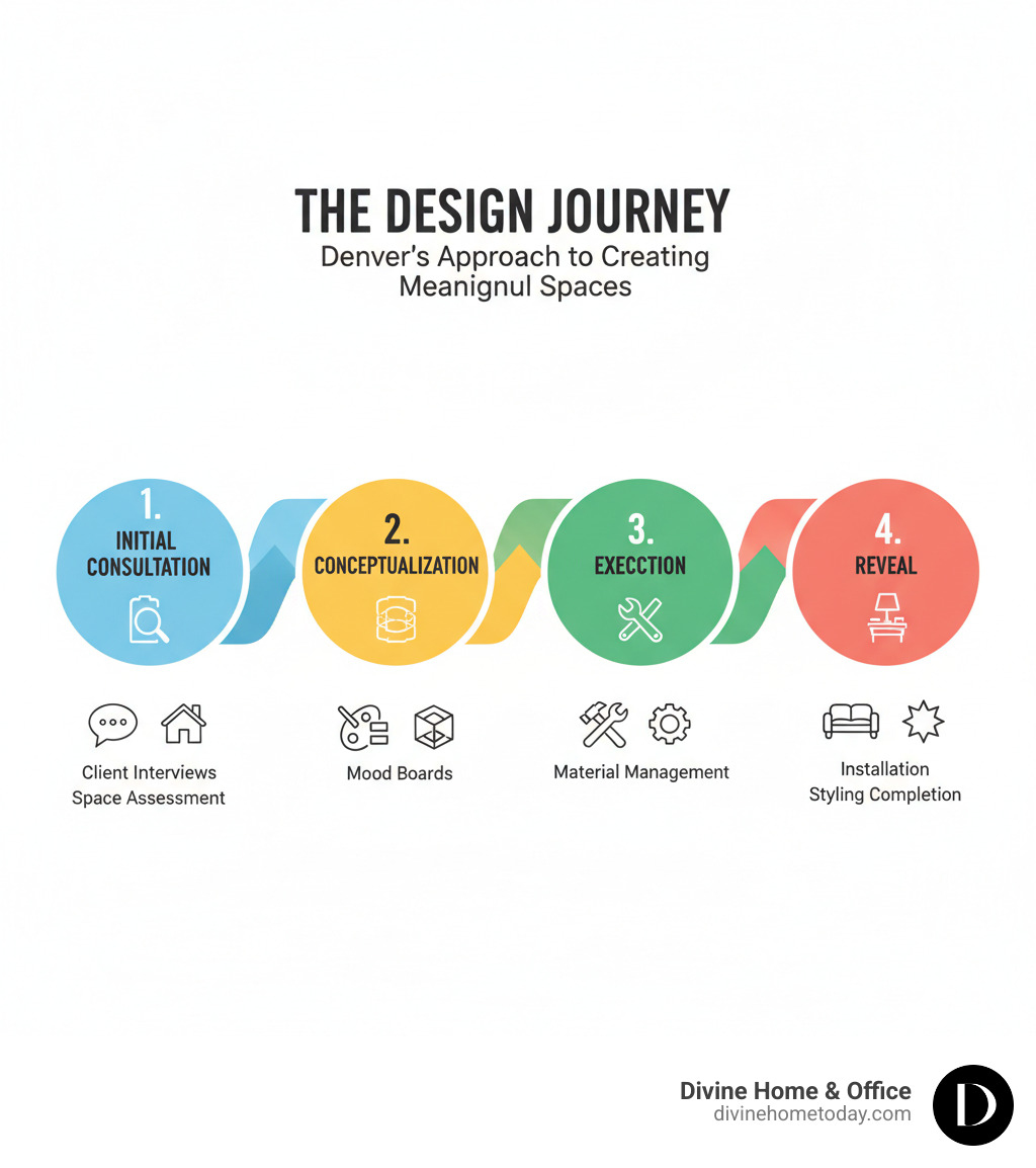Infographic showing the complete design process flow: Initial Consultation phase with client interviews and space assessment, Conceptualization phase featuring mood boards and 3D renderings, Execution phase including material selection and project management, and final Reveal phase with installation and styling completion - design firm Denver infographic 