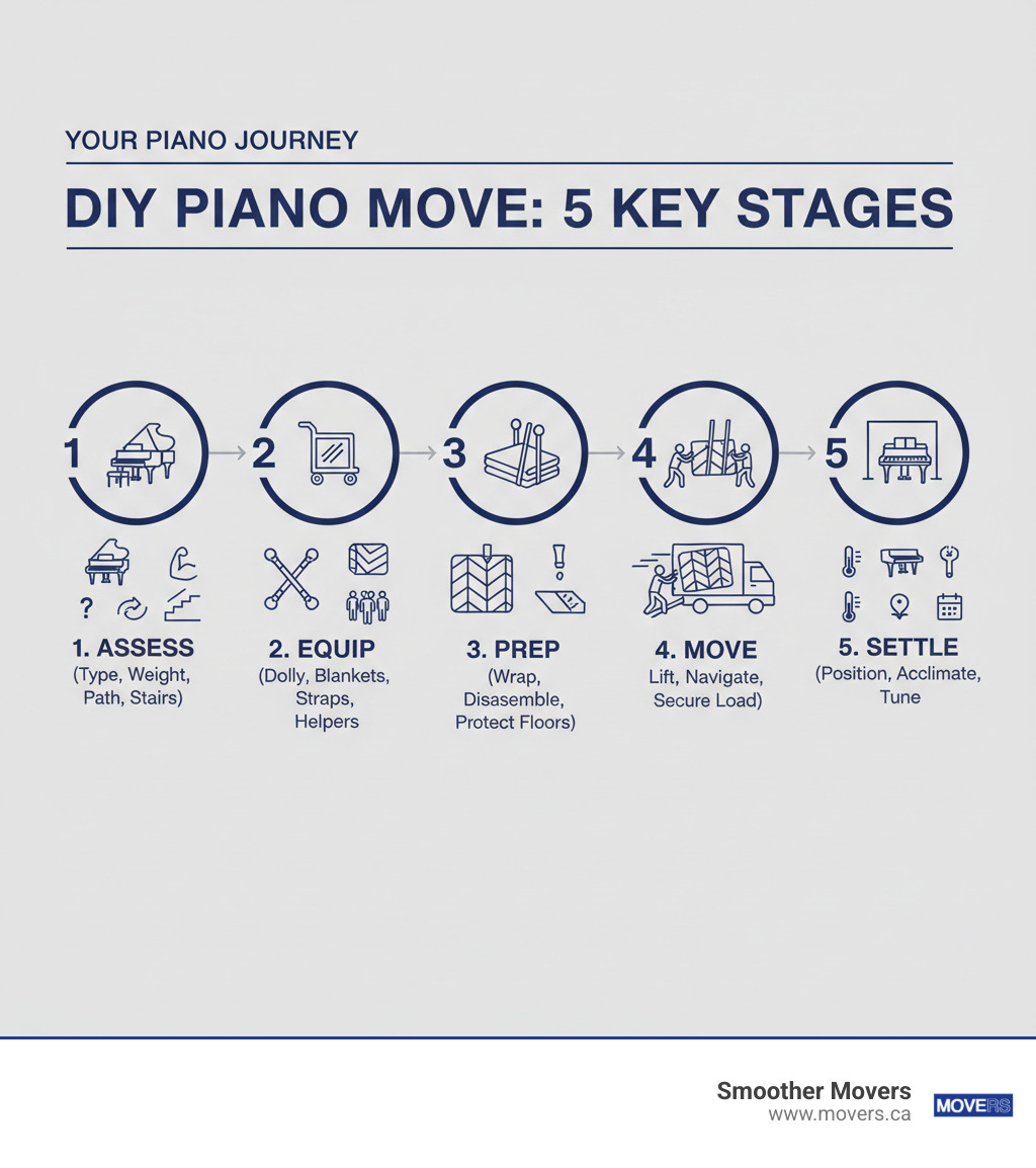 Comprehensive infographic showing the 5 key stages of a DIY piano move: Stage 1 - Assess (piano type, weight, path, stairs), Stage 2 - Equip (dolly, blankets, straps, helpers), Stage 3 - Prep (wrap piano, disassemble if grand, protect floors), Stage 4 - Move (lift properly, steer carefully, load securely), Stage 5 - Settle (position correctly, allow acclimation, schedule tuning) - i need to move a piano infographic 