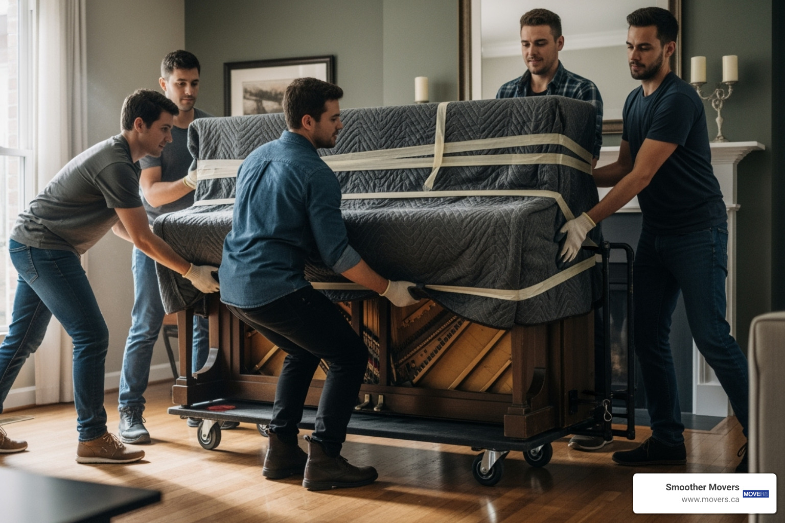 A team of four people correctly lifting a wrapped upright piano onto a dolly. - i need to move a piano