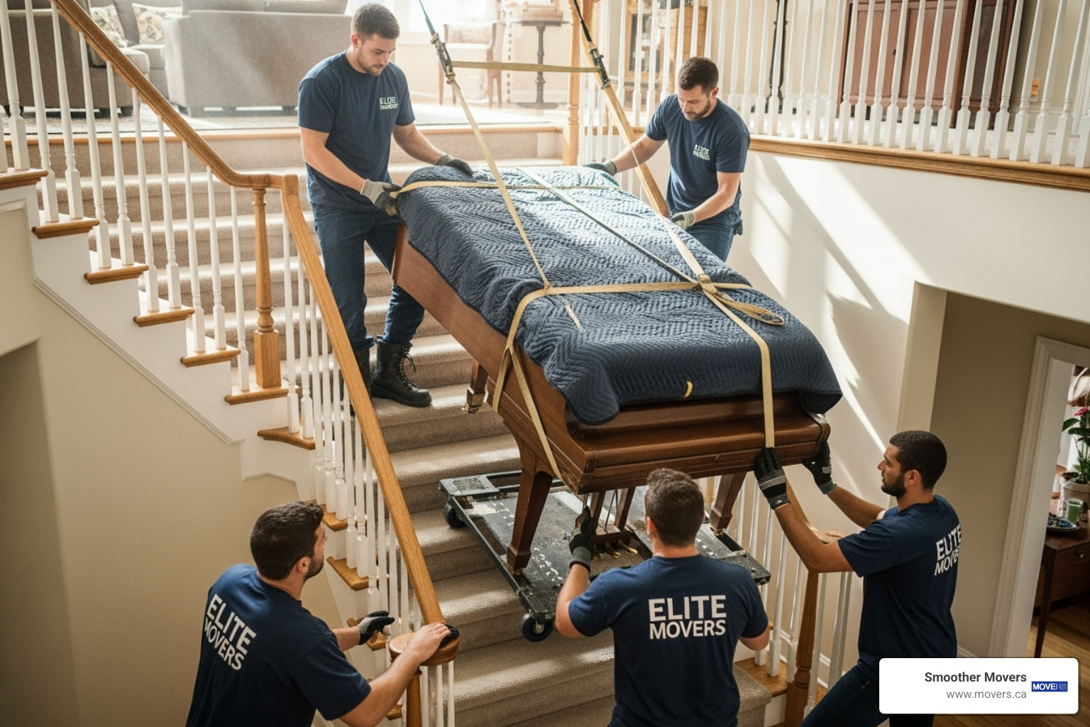 A piano being carefully maneuvered down a well-padded staircase. - i need to move a piano