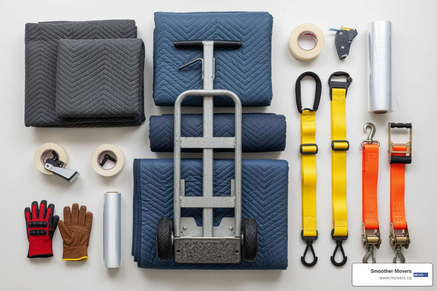 All the necessary piano moving equipment laid out on a floor. - i need to move a piano