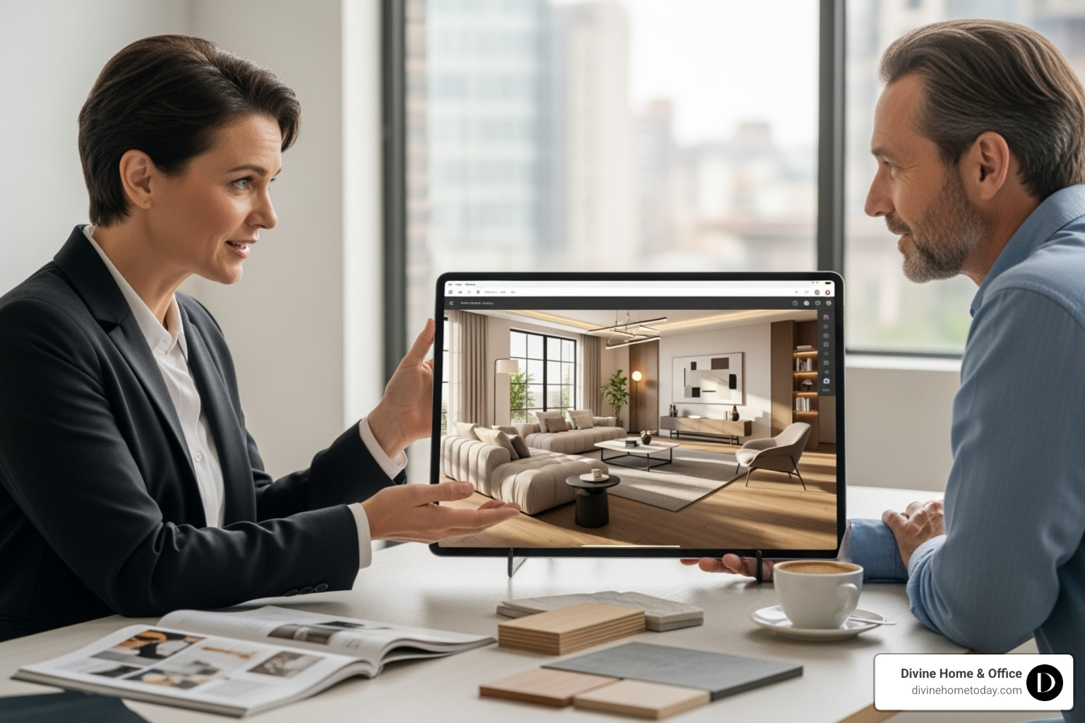 Designer presenting a 3D architectural rendering on a tablet to a client - design firm Denver