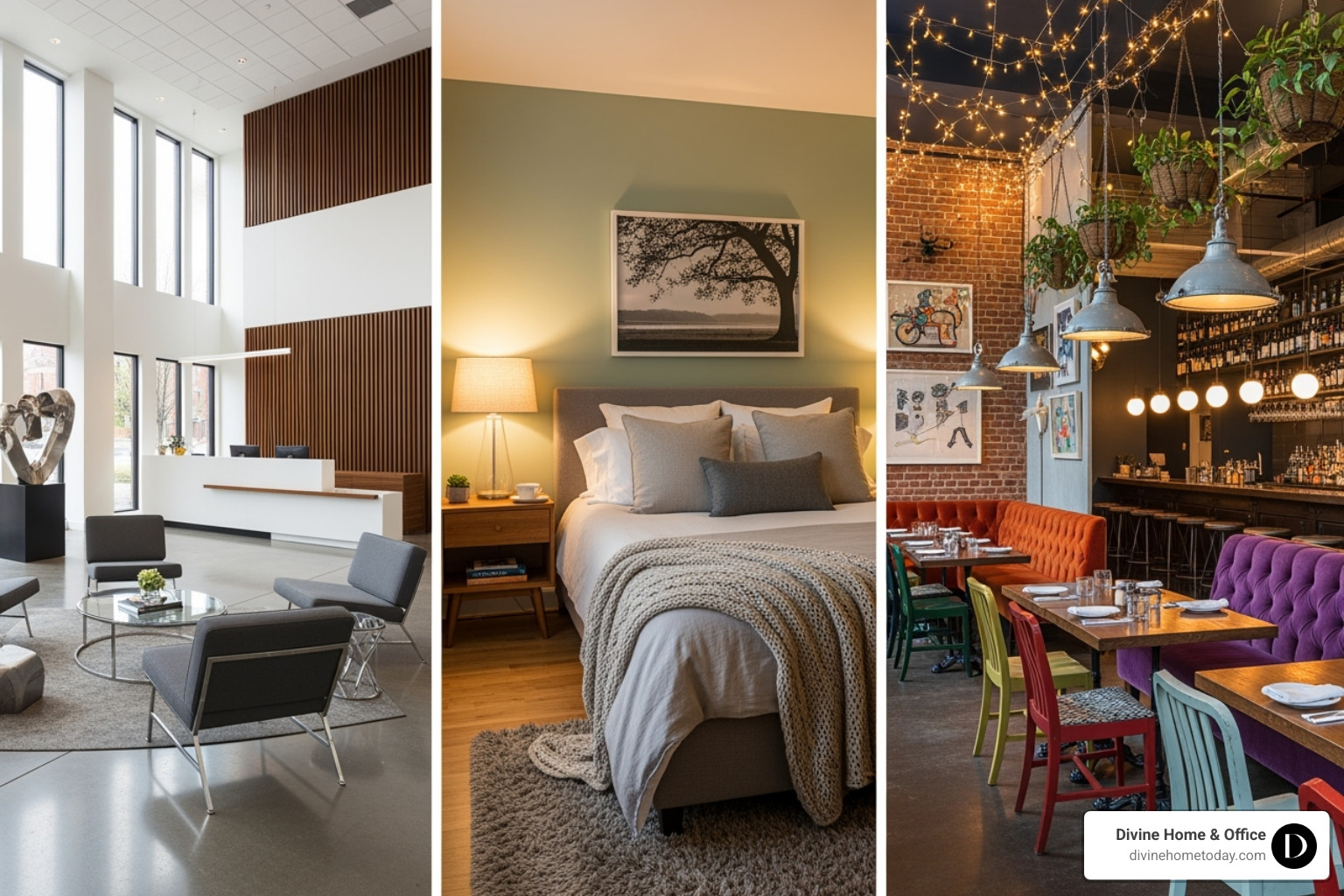 Collage of diverse projects: a sleek commercial lobby, a cozy residential bedroom, and a vibrant restaurant interior - design firm Denver