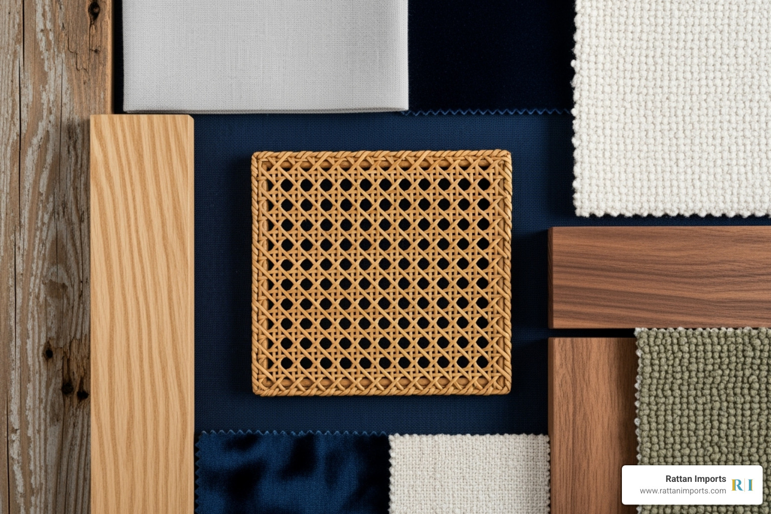 different material swatches including rattan, various fabrics, and wood finishes - comfortable dining room chairs with arms